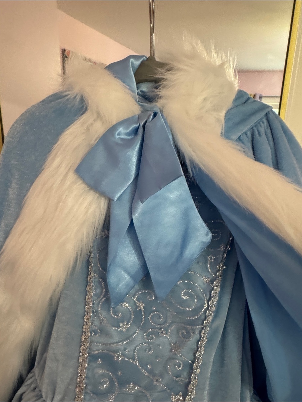 Frozen Inspired Blue Velvet Faux Fur Trim Princess Cape with Pearled Accent - Picture 3 of 9